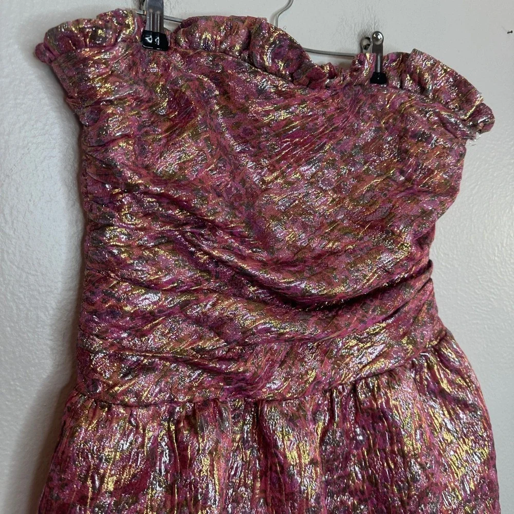 LOVESHACKFANCY Acelin Dress Pink Gold Metallic Jacquard Strapless Ruched Mini 10 - Picture 11 of 11